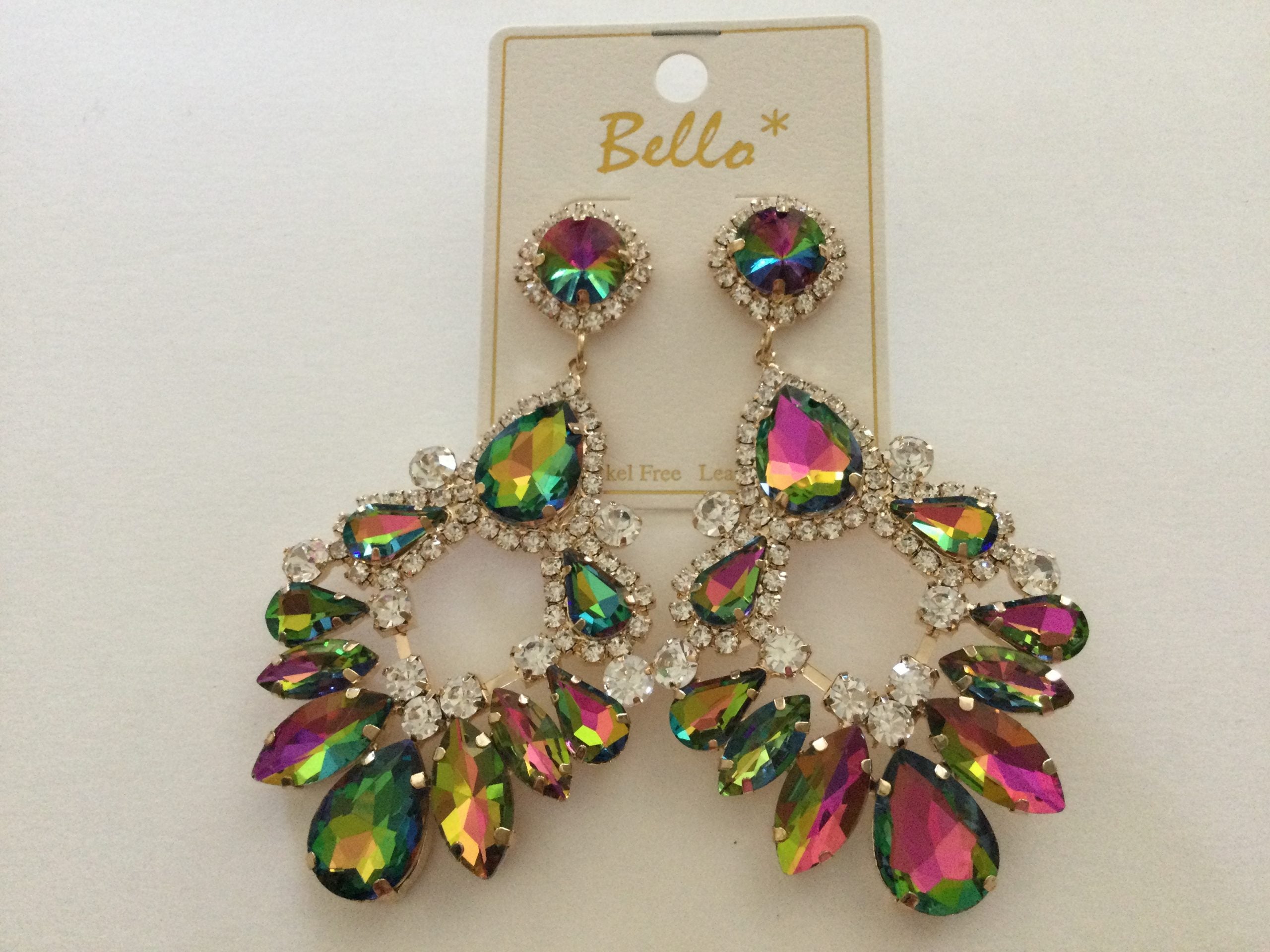 Iridescent Lg. hang Earrings w/ Clear rhinestones