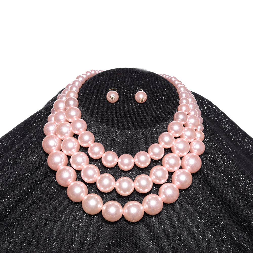 Pink Pearl Necklace w/ Earrings- 3 Strand