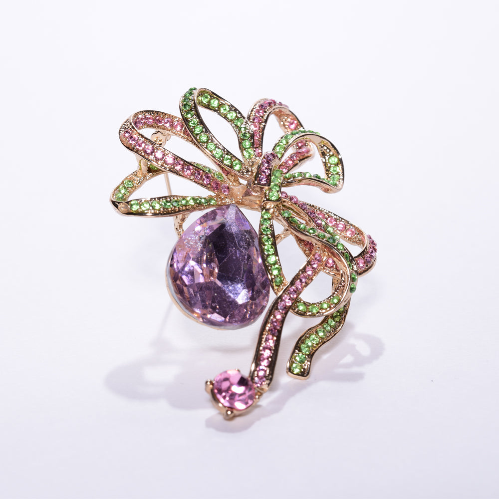 Pink & Green Crystal Brooch w/ lg. pink stone