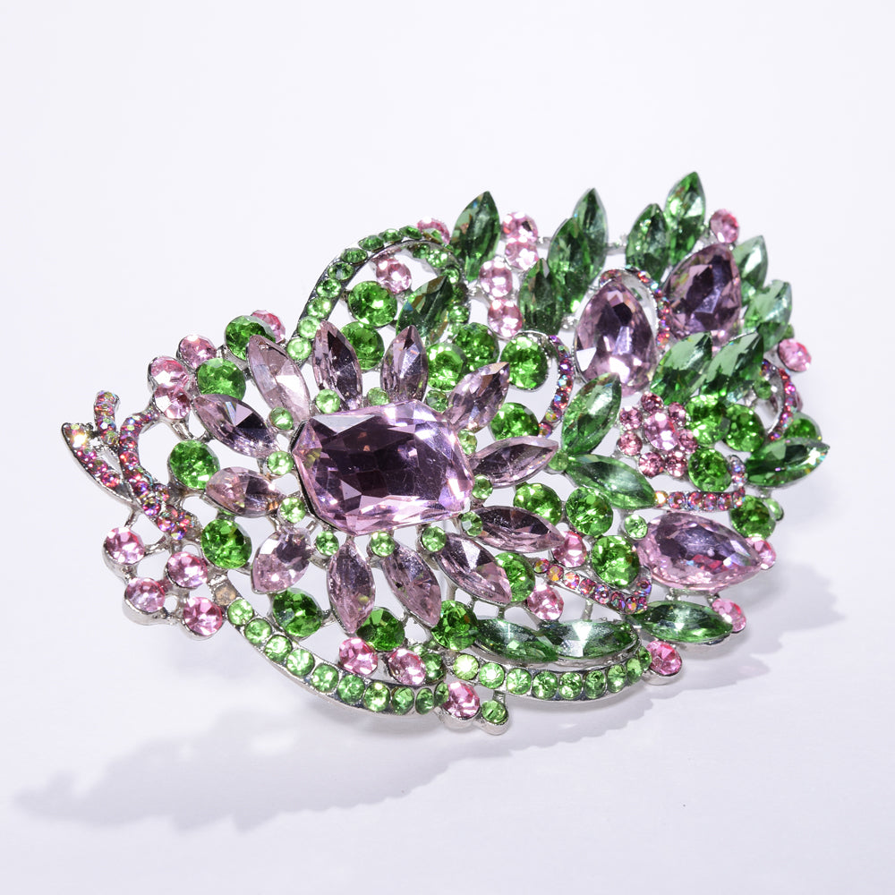 Lg. Green Brooch w/Pink Crystals