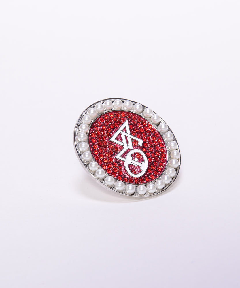 Round w/red crystals/pearl outline/white DST