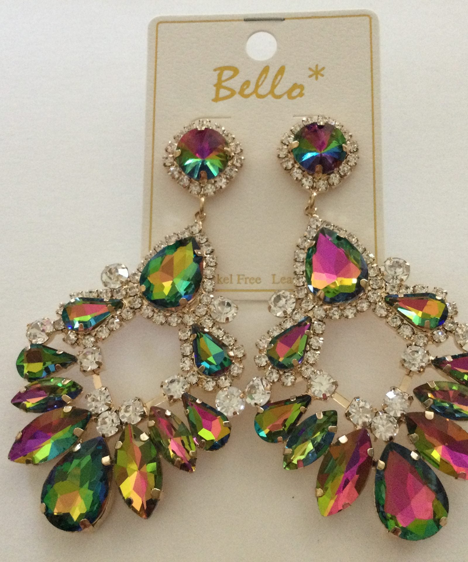 Iridescent Lg. hang Earrings w/ Clear rhinestones