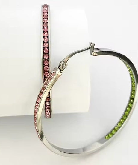 Pink and Green Swarovski Hoop Earrings