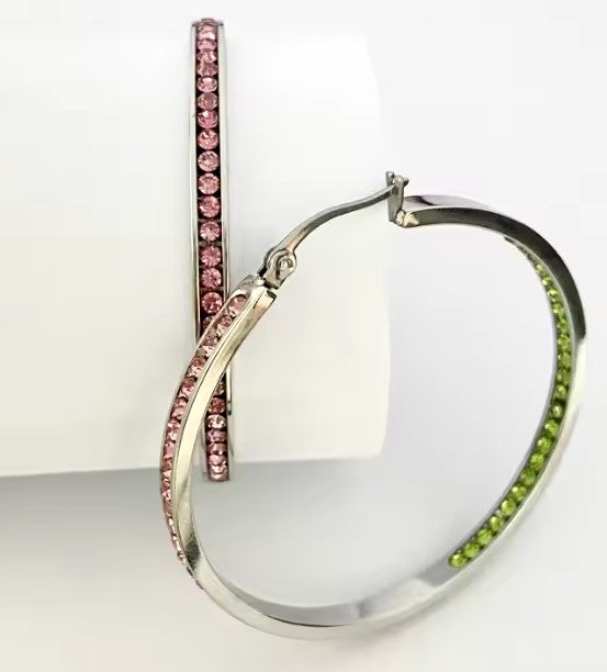 Pink and Green Swarovski Hoop Earrings