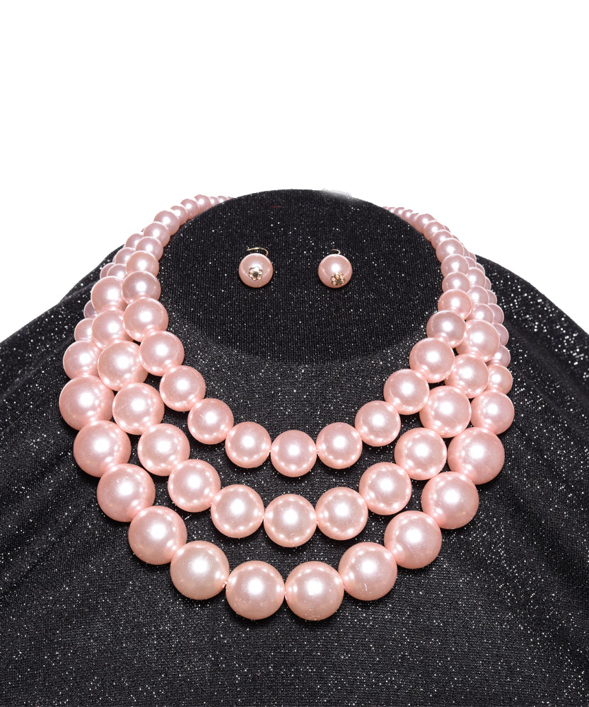 Pink Pearl Necklace w/ Earrings- 3 Strand