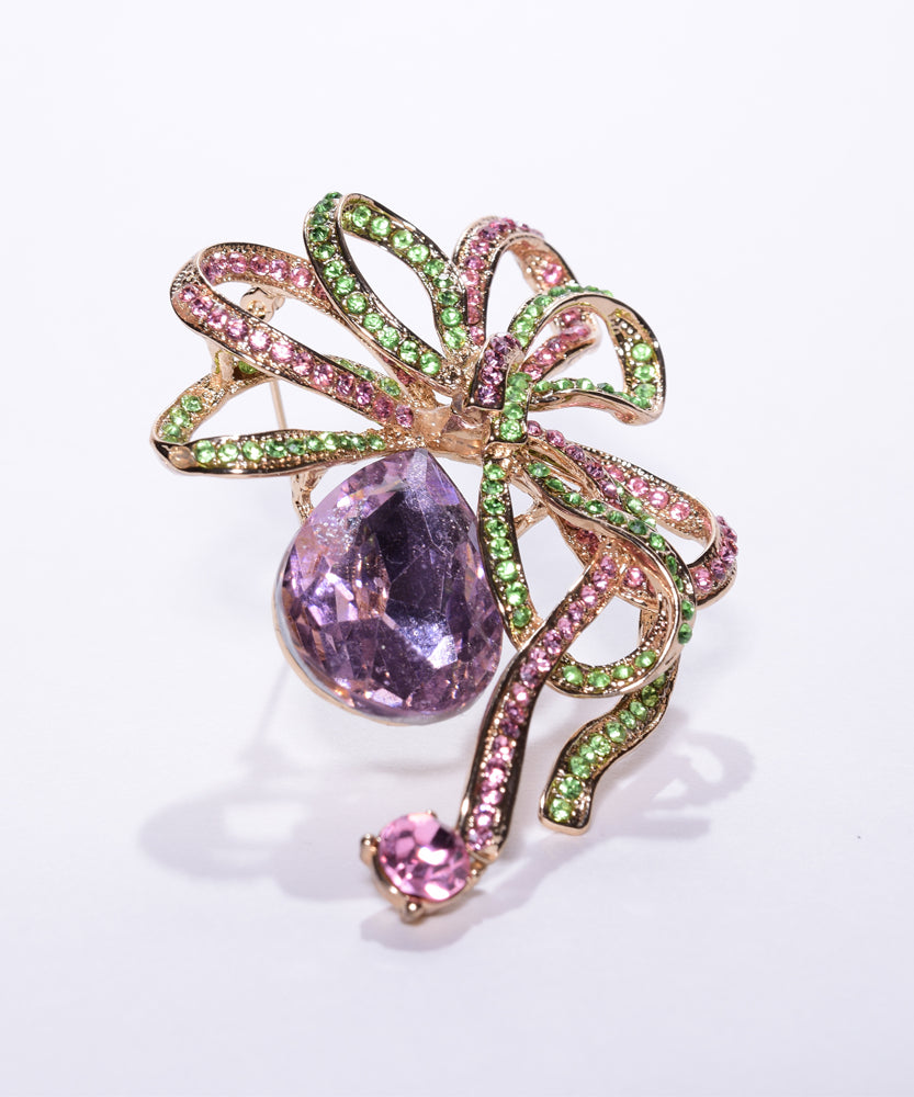 Pink & Green Crystal Brooch w/ lg. pink stone