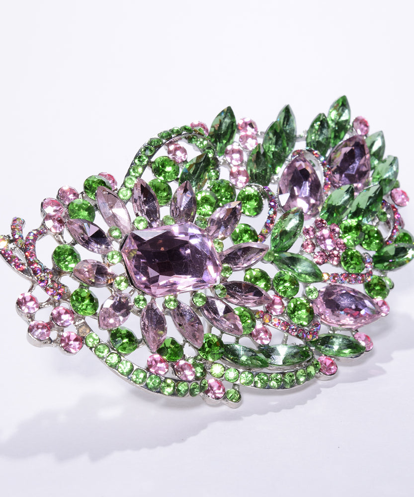 Lg. Green Brooch w/Pink Crystals